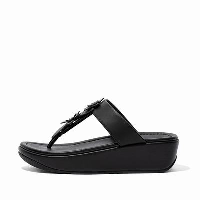 Fitflop Fino Floral Leather Toe-Post - Sandalen Damen - Schwarz (IKC407196)